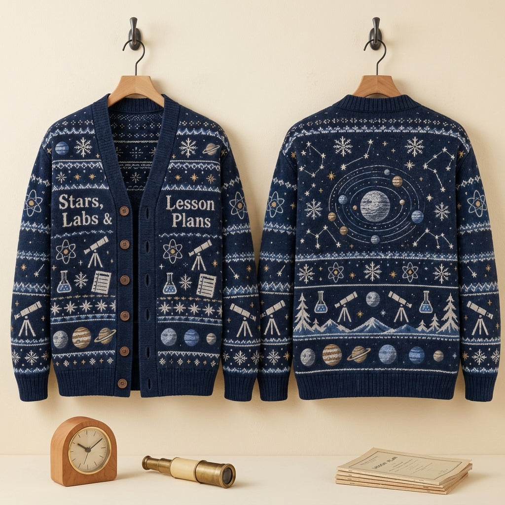 Custom Astronomy Teacher Winter Science Knitted Cardigan - Stars, Labs & Lesson Plans - mockup 3