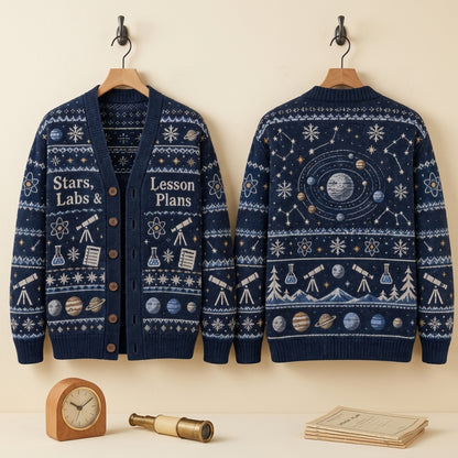 Custom Astronomy Teacher Winter Science Knitted Cardigan - Stars, Labs & Lesson Plans - mockup 3