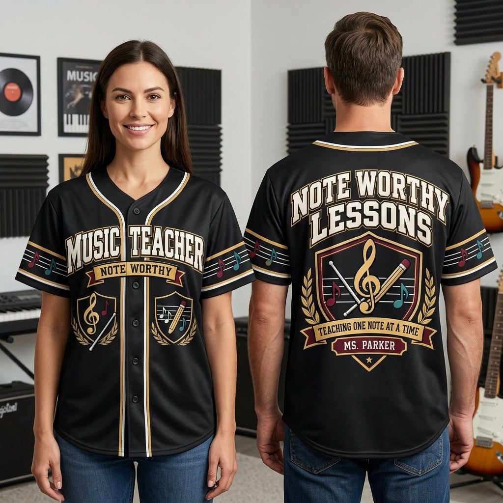Custom Music Teacher Note Worthy Lessons Baseball Jersey - Personalized Music Educator Gift - mockup 1