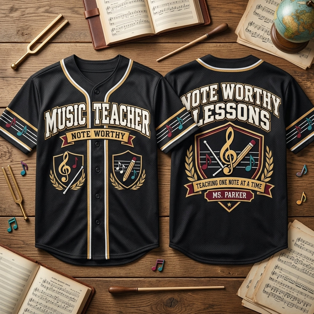 Custom Music Teacher Note Worthy Lessons Baseball Jersey - Personalized Music Educator Gift - mockup 2