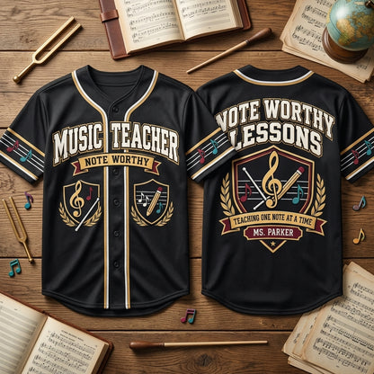 Custom Music Teacher Note Worthy Lessons Baseball Jersey - Personalized Music Educator Gift - mockup 2