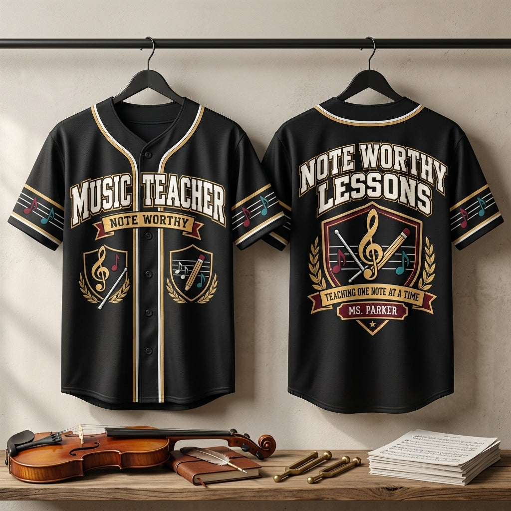Custom Music Teacher Note Worthy Lessons Baseball Jersey - Personalized Music Educator Gift - mockup 3