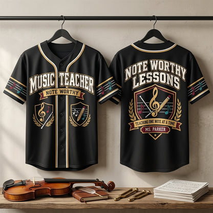 Custom Music Teacher Note Worthy Lessons Baseball Jersey - Personalized Music Educator Gift - mockup 3