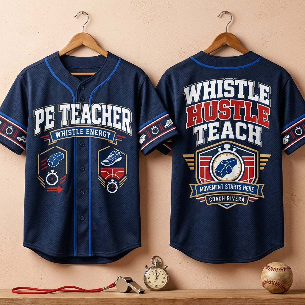 Personalized PE Teacher Whistle Energy Baseball Jersey – Coach Appreciation Gift - mockup 3