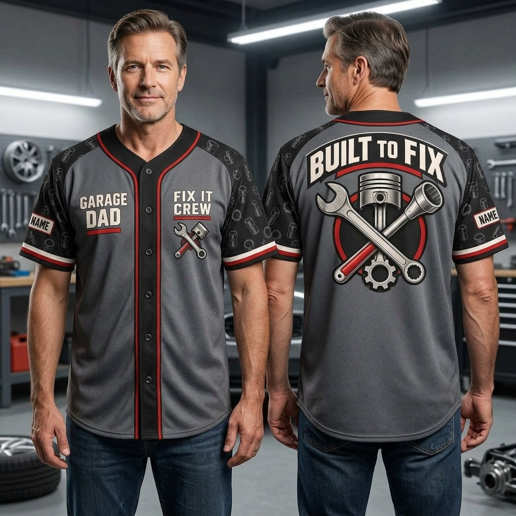 Personalized Mechanic Garage Dad Baseball Jersey – Custom Fix It Crew Apparel - mockup 1