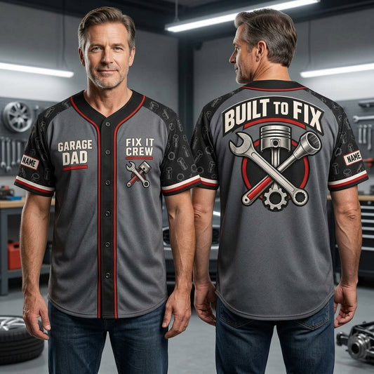 Personalized Mechanic Garage Dad Baseball Jersey – Custom Fix It Crew Apparel - mockup 1