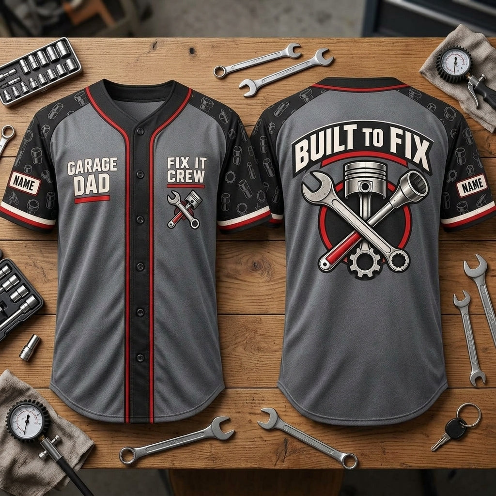 Personalized Mechanic Garage Dad Baseball Jersey – Custom Fix It Crew Apparel - mockup 2