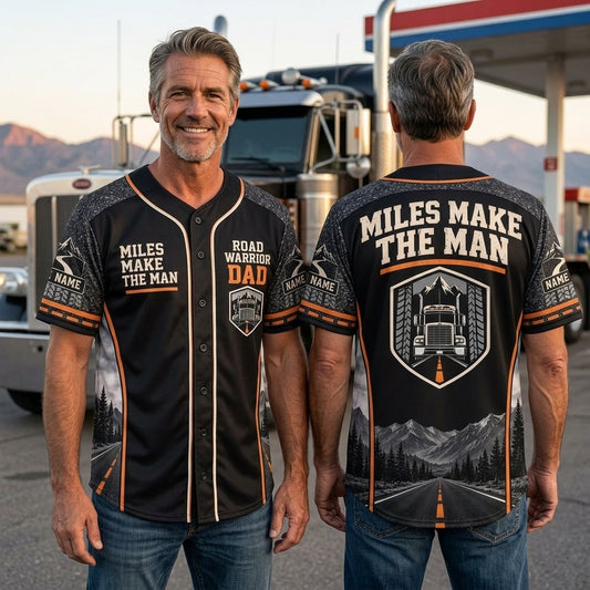 Custom Truck Driver Road Warrior Dad Baseball Jersey - Miles Make The Man - mockup 1