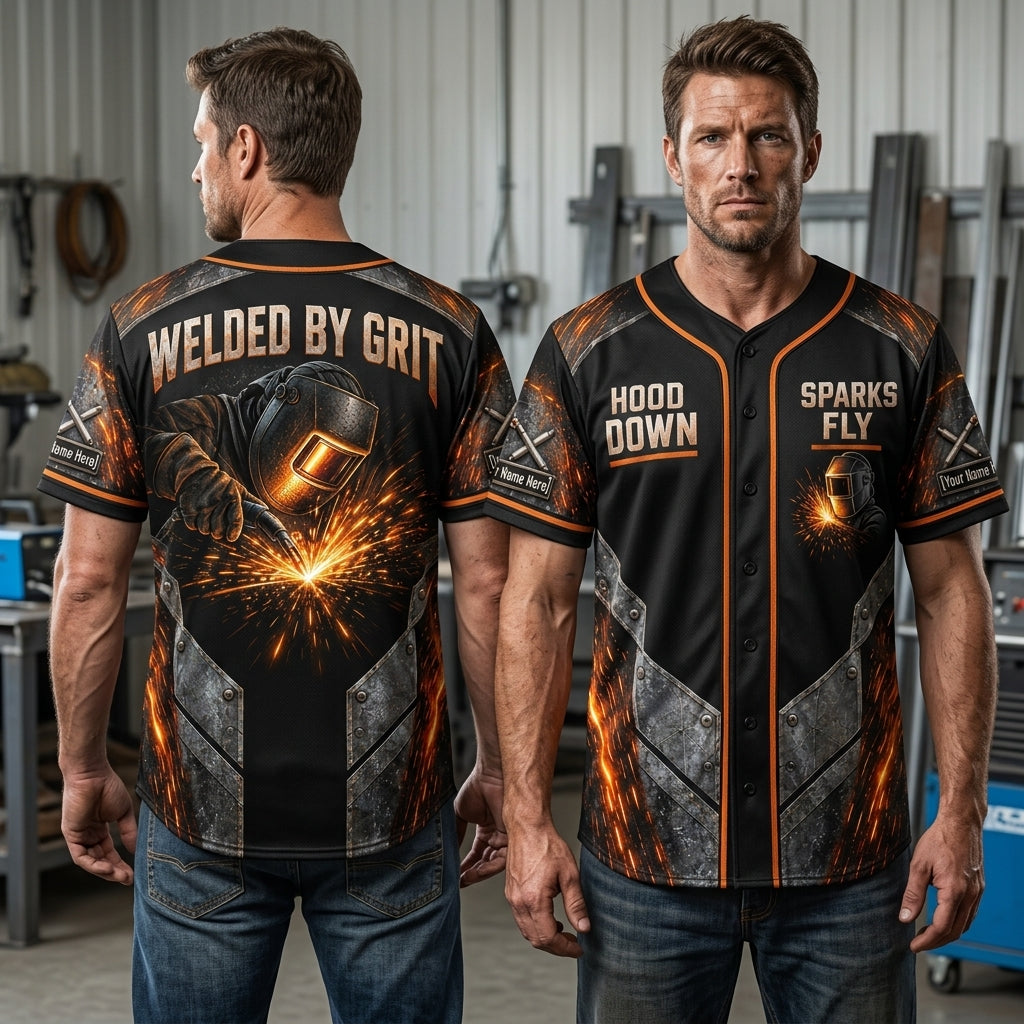 Personalized Welder Hood Down Sparks Fly Baseball Jersey – Custom Welder Gift - mockup 1