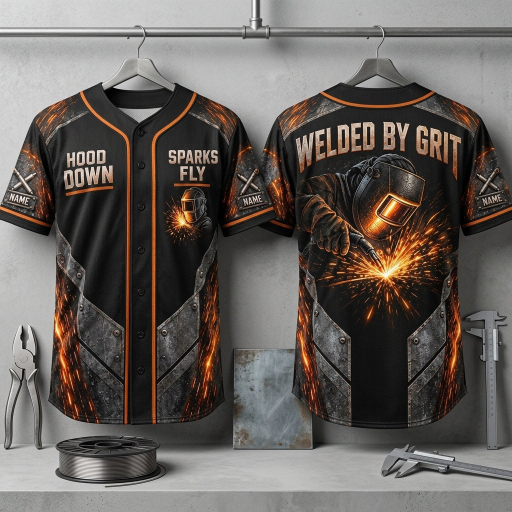 Personalized Welder Hood Down Sparks Fly Baseball Jersey – Custom Welder Gift - mockup 3