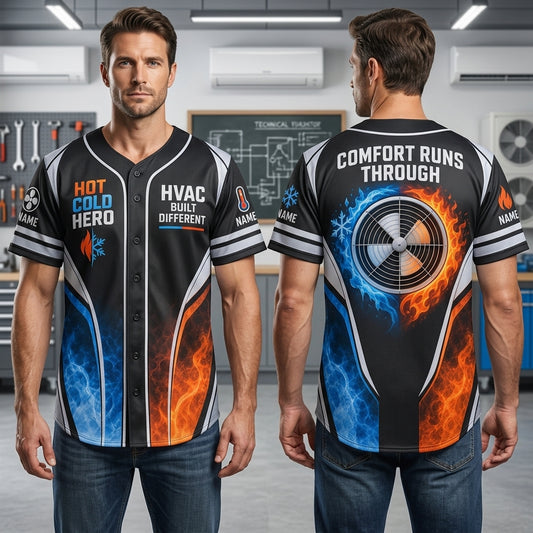 Custom HVAC Hot Cold Hero Baseball Jersey - Professional Technician Apparel - mockup 1