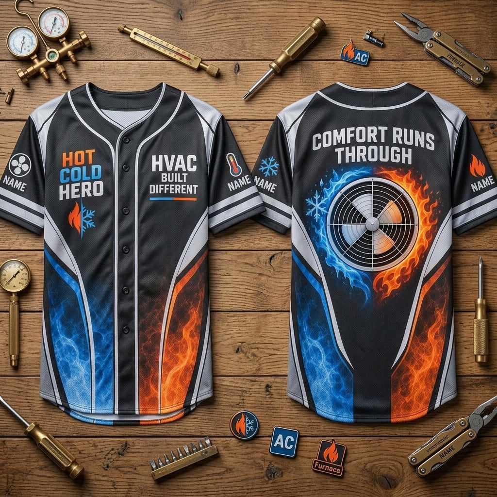 Custom HVAC Hot Cold Hero Baseball Jersey - Professional Technician Apparel - mockup 2