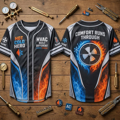 Custom HVAC Hot Cold Hero Baseball Jersey - Professional Technician Apparel - mockup 2