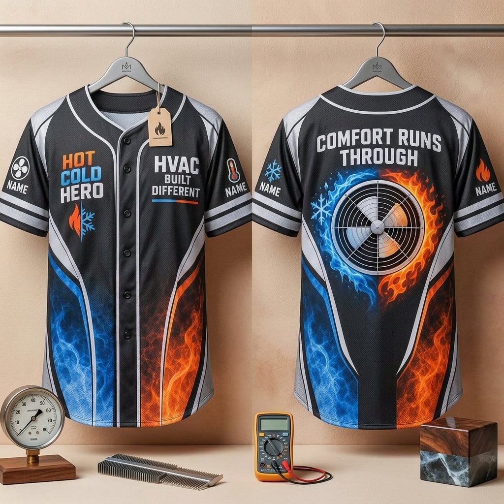 Custom HVAC Hot Cold Hero Baseball Jersey - Professional Technician Apparel - mockup 3