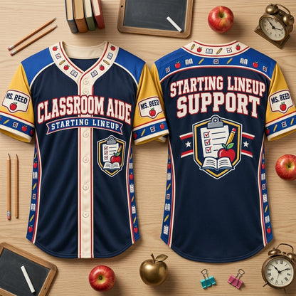 Personalized Classroom Aide Starting Lineup Baseball Jersey - School Support Staff Gift - mockup 2