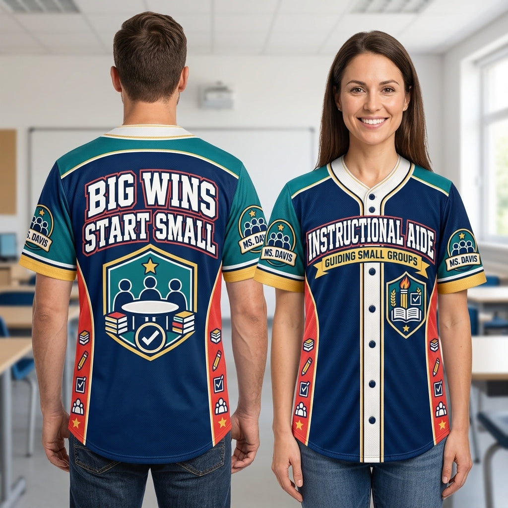 Custom Instructional Aide Small Groups Big Wins Baseball Jersey – Educator Apparel - mockup 1