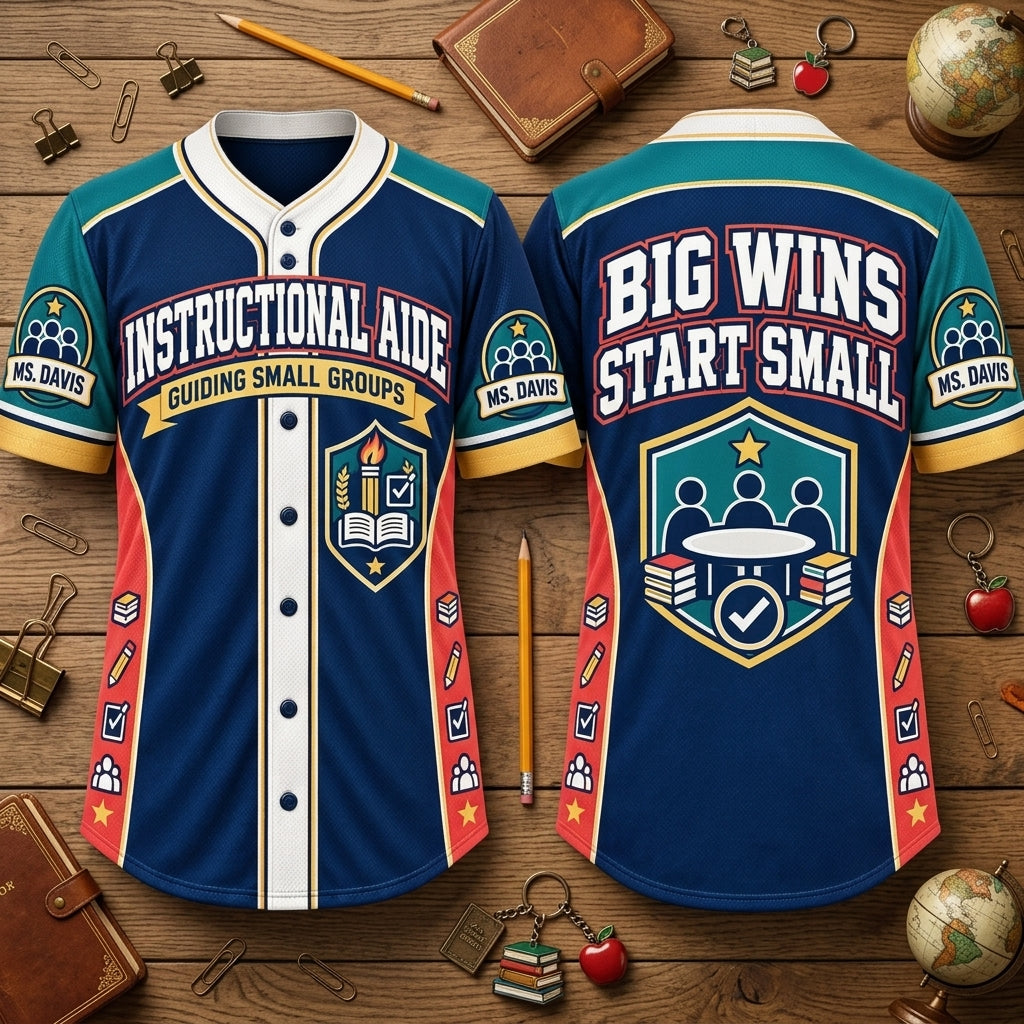 Custom Instructional Aide Small Groups Big Wins Baseball Jersey – Educator Apparel - mockup 2