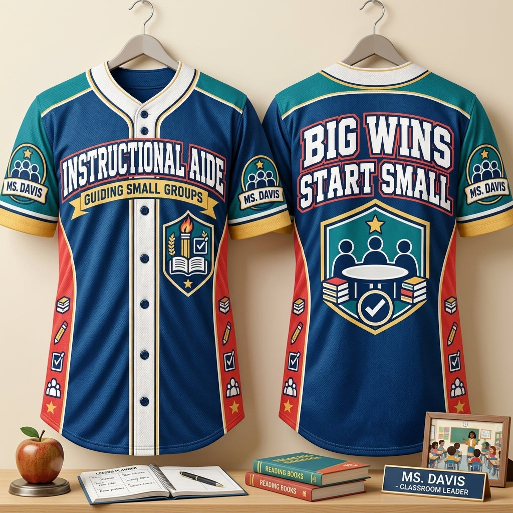 Custom Instructional Aide Small Groups Big Wins Baseball Jersey – Educator Apparel - mockup 3