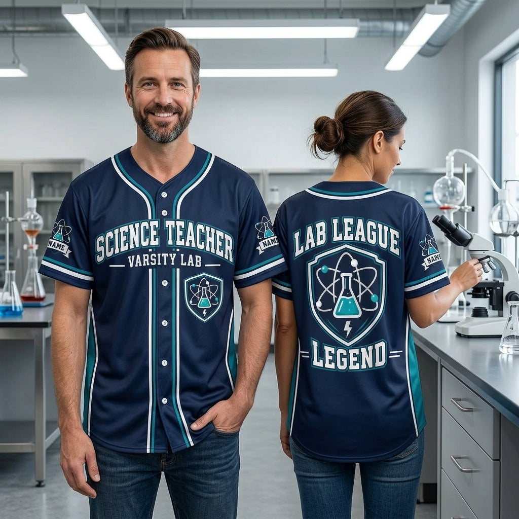 Personalized Science Teacher Varsity Baseball Jersey – Lab League Legend Gift - mockup 1