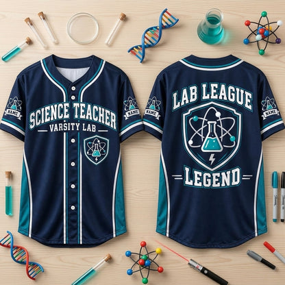 Personalized Science Teacher Varsity Baseball Jersey – Lab League Legend Gift - mockup 2