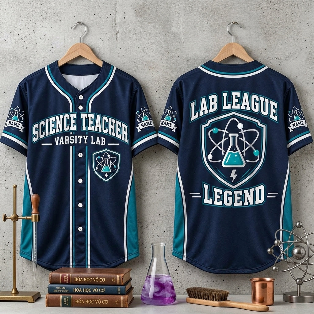 Personalized Science Teacher Varsity Baseball Jersey – Lab League Legend Gift - mockup 3