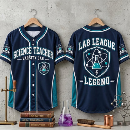 Personalized Science Teacher Varsity Baseball Jersey – Lab League Legend Gift - mockup 3