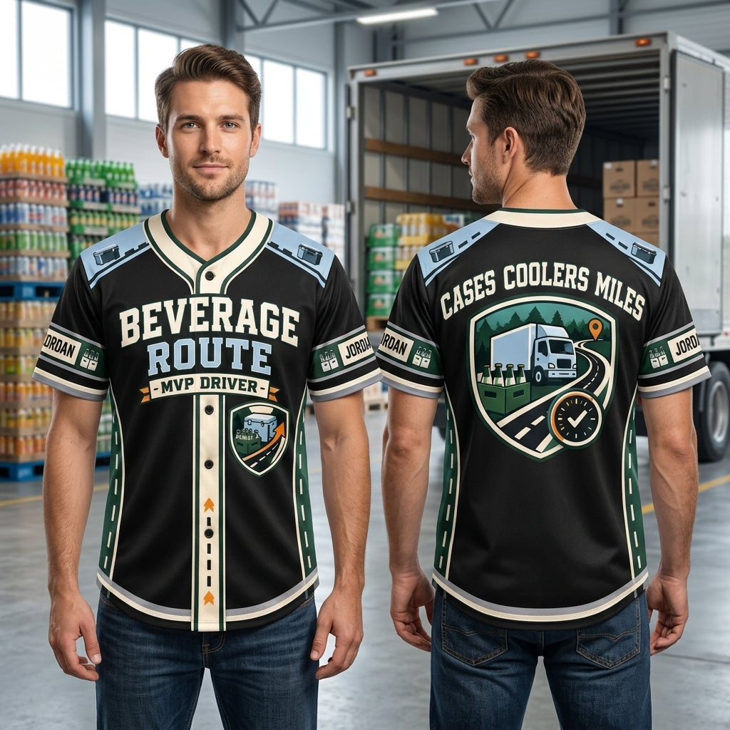 Custom Beverage Route Driver Baseball Jersey - Personalized MVP Delivery Shirt - mockup 1