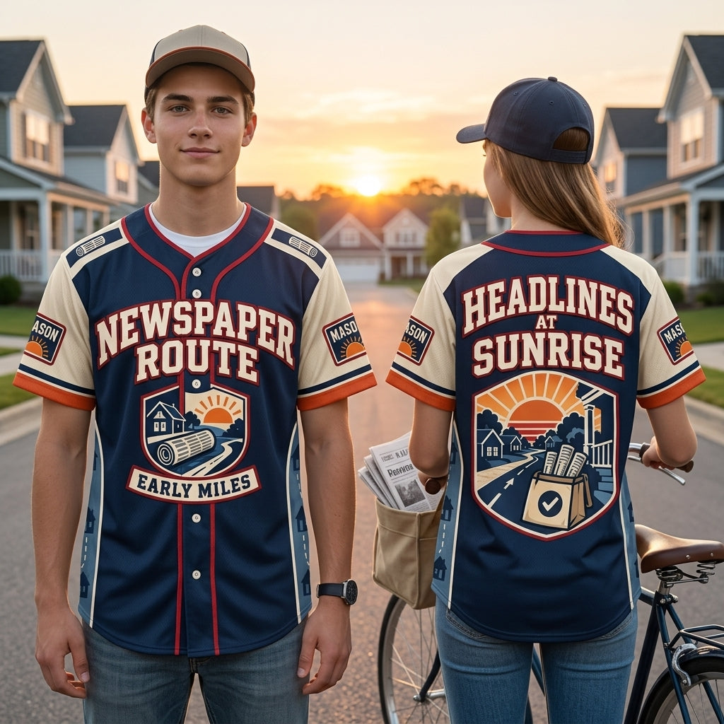 Newspaper Carrier Route Headlines at Sunrise Baseball Jersey - Custom Delivery Uniform - mockup 1