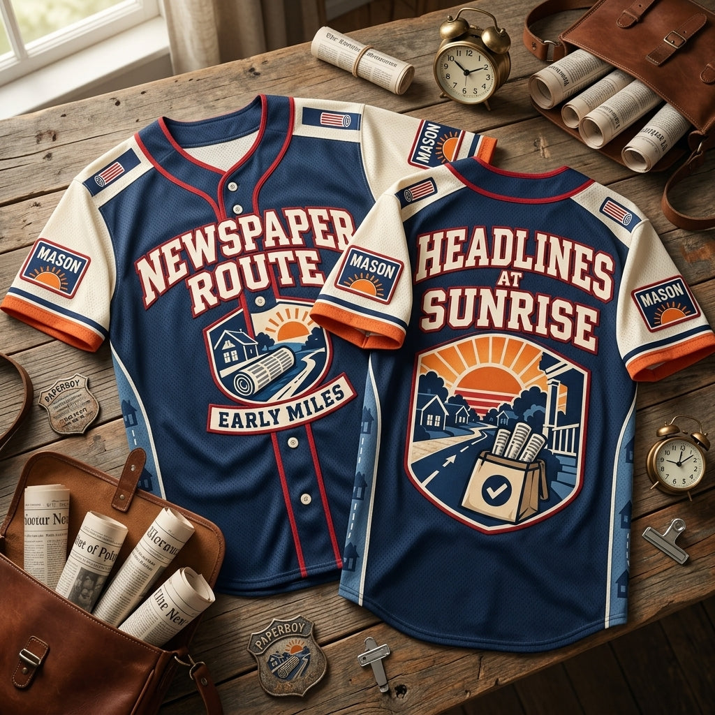 Newspaper Carrier Route Headlines at Sunrise Baseball Jersey - Custom Delivery Uniform - mockup 2
