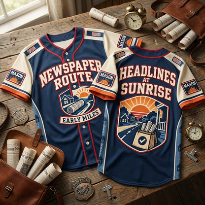 Newspaper Carrier Route Headlines at Sunrise Baseball Jersey - Custom Delivery Uniform - mockup 2