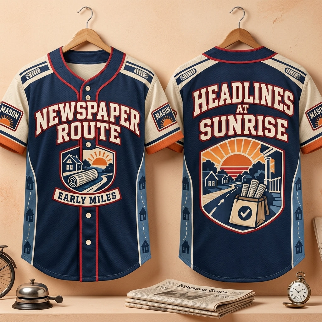 Newspaper Carrier Route Headlines at Sunrise Baseball Jersey - Custom Delivery Uniform - mockup 3