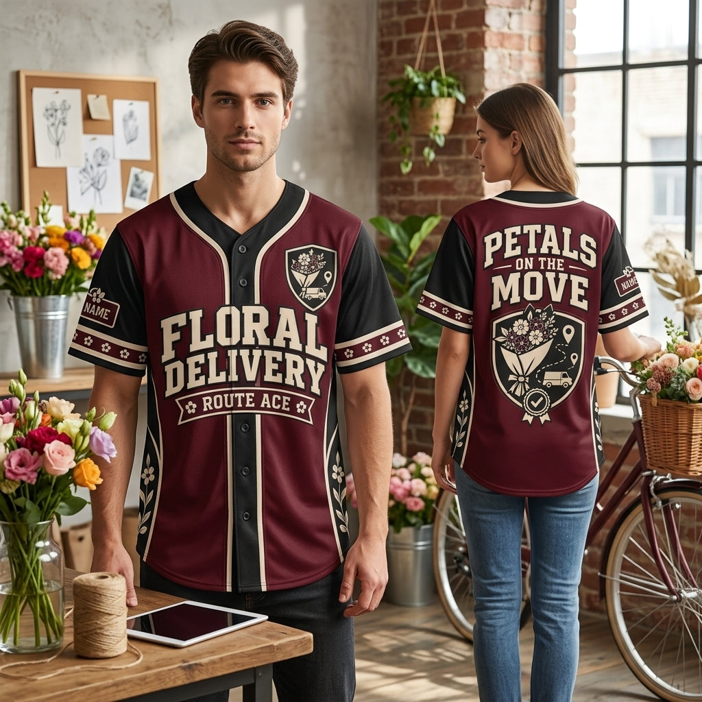Personalized Floral Delivery Driver Baseball Jersey - Petals On The Move Uniform - mockup 1