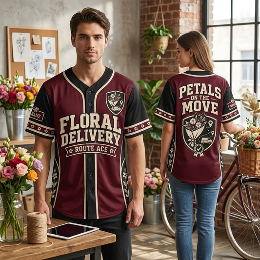 Personalized Floral Delivery Driver Baseball Jersey - Petals On The Move Uniform - mockup 1