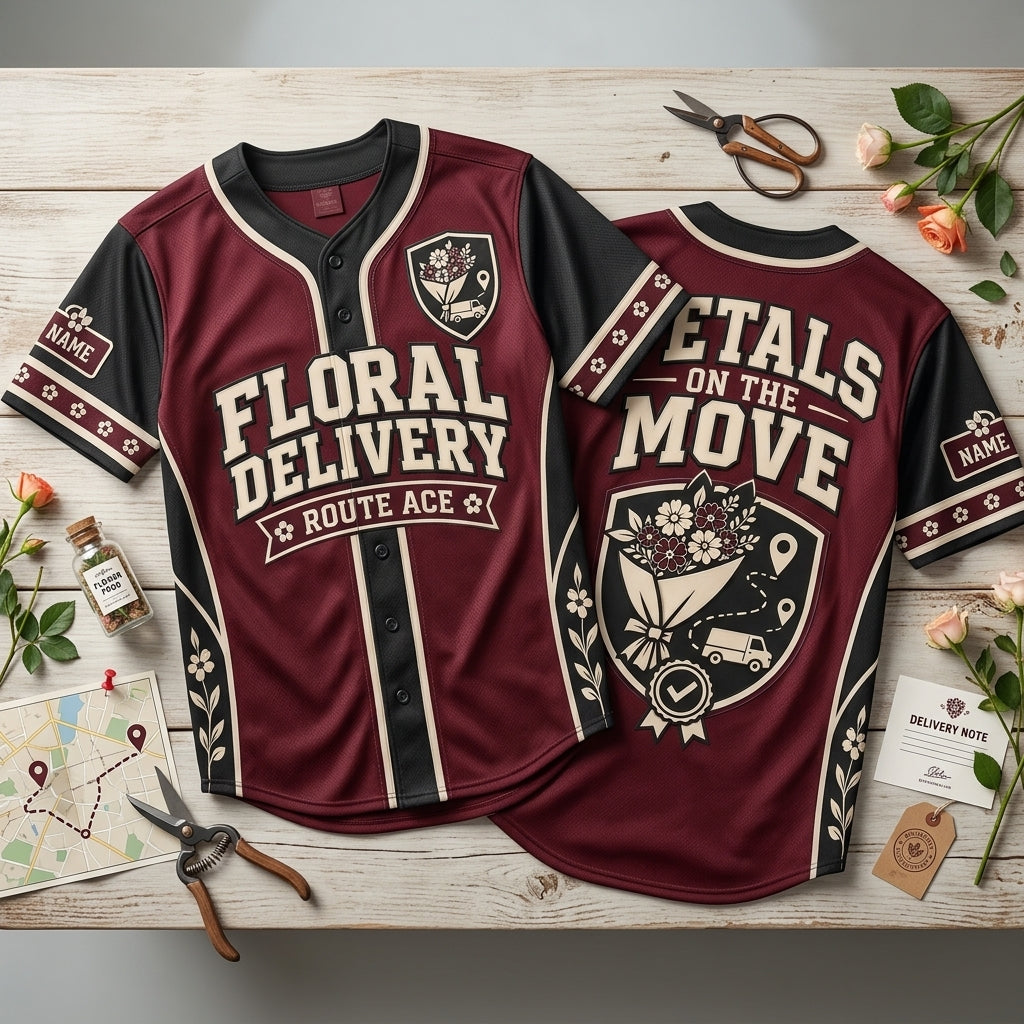 Personalized Floral Delivery Driver Baseball Jersey - Petals On The Move Uniform - mockup 2