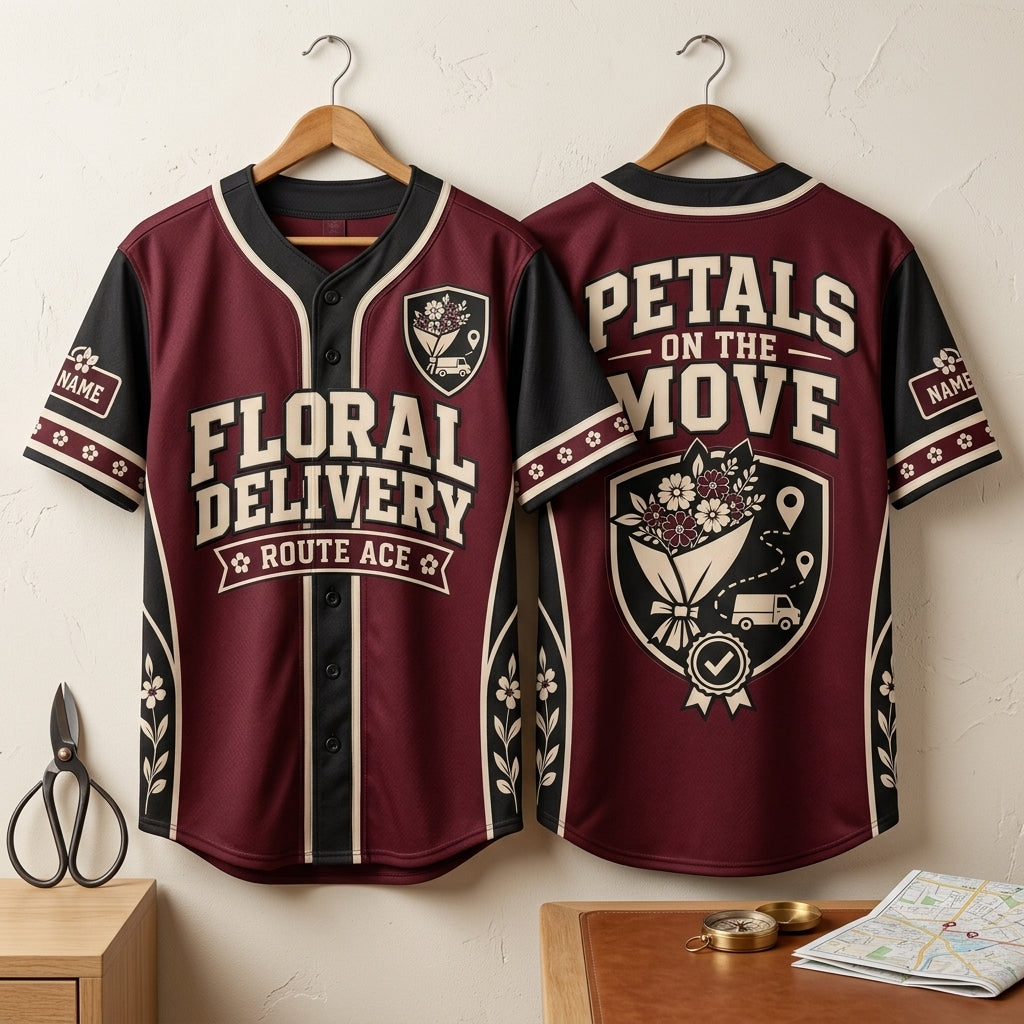 Personalized Floral Delivery Driver Baseball Jersey - Petals On The Move Uniform - mockup 3