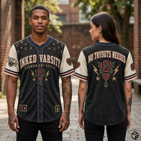 Personalized Inked Varsity Tattoo Style Baseball Jersey – Vintage Rose & Heart Graphic - mockup 1