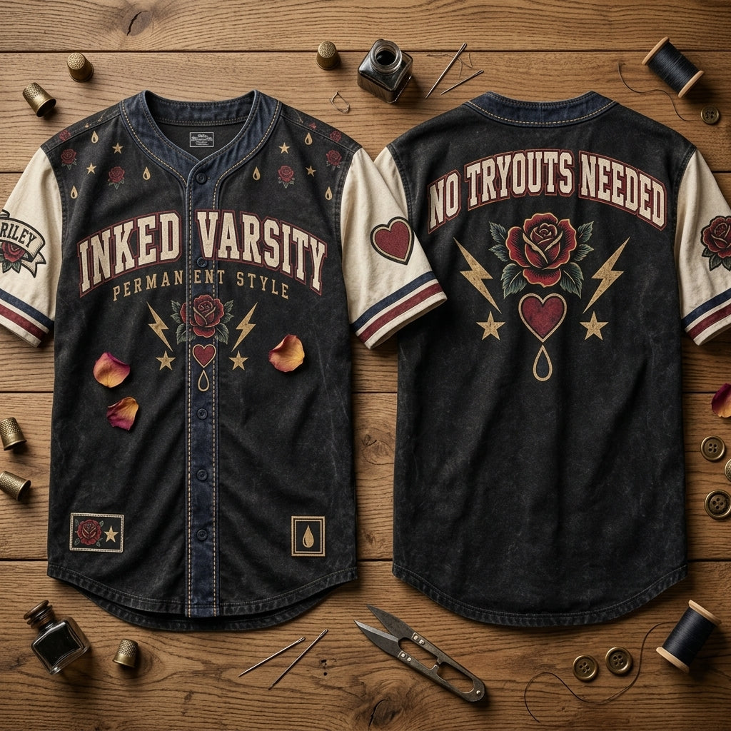 Personalized Inked Varsity Tattoo Style Baseball Jersey – Vintage Rose & Heart Graphic - mockup 2