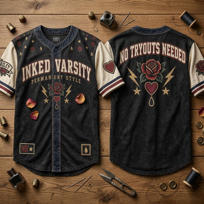 Personalized Inked Varsity Tattoo Style Baseball Jersey – Vintage Rose & Heart Graphic - mockup 2