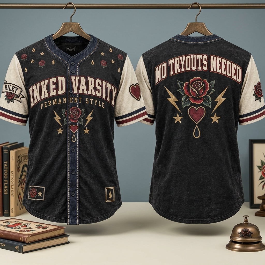 Personalized Inked Varsity Tattoo Style Baseball Jersey – Vintage Rose & Heart Graphic - mockup 3