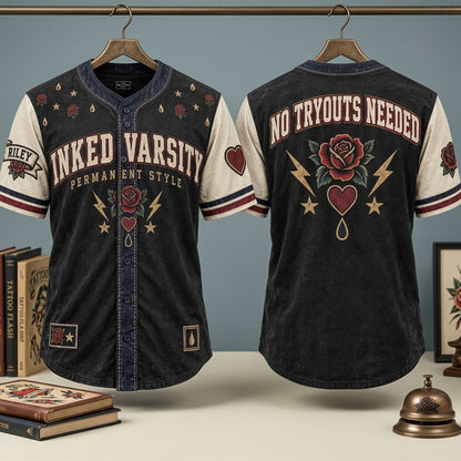 Personalized Inked Varsity Tattoo Style Baseball Jersey – Vintage Rose & Heart Graphic - mockup 3