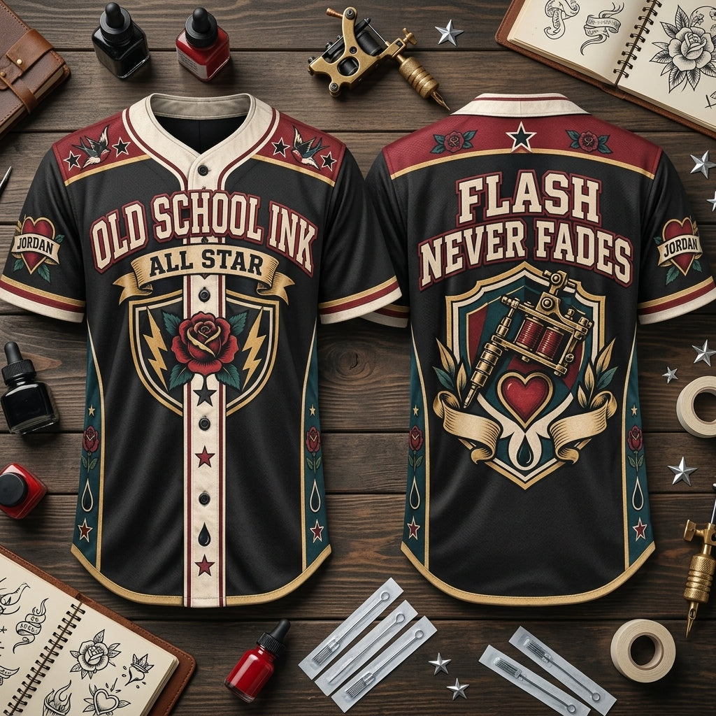 Custom Old School Ink All Star Baseball Jersey – Personalized Tattoo Artist Gift - mockup 2
