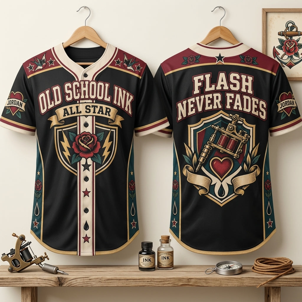 Custom Old School Ink All Star Baseball Jersey – Personalized Tattoo Artist Gift - mockup 3