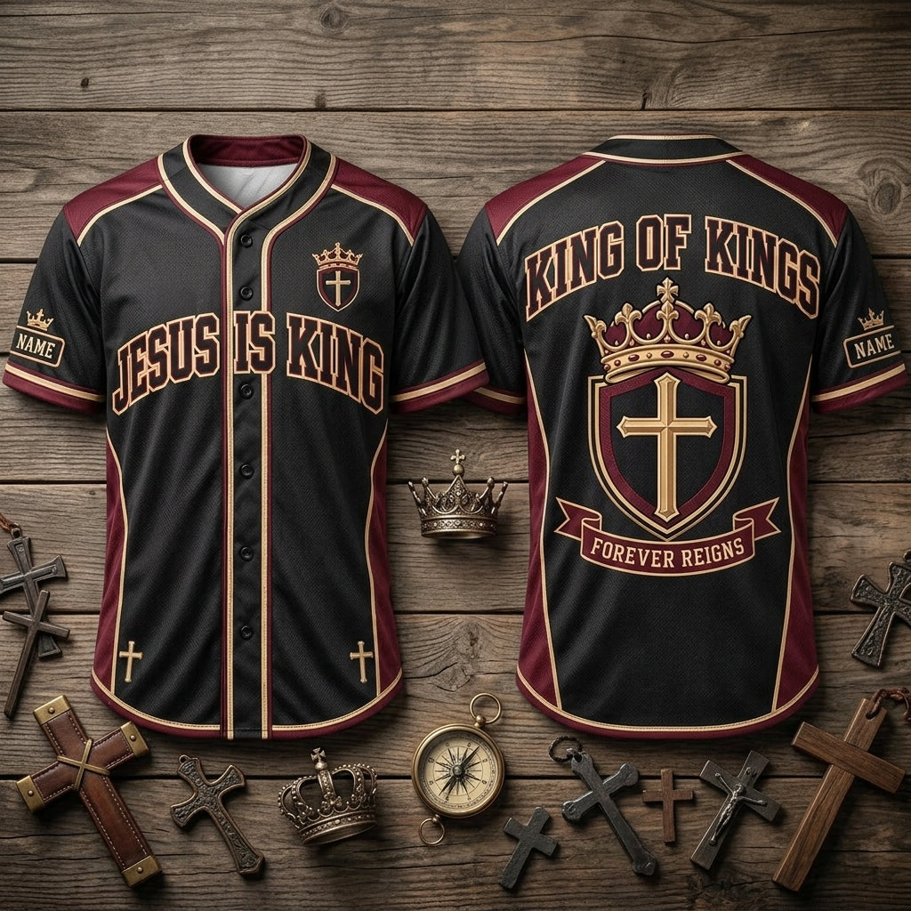 Custom Jesus Is King Baseball Jersey - Personalized Christian Faith Apparel - mockup 2