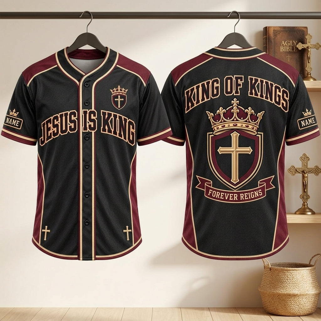 Custom Jesus Is King Baseball Jersey - Personalized Christian Faith Apparel - mockup 3