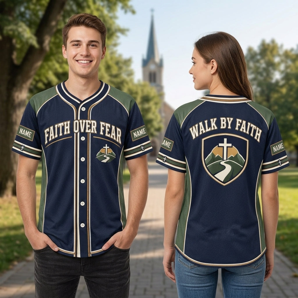 Custom Faith Over Fear Baseball Jersey - Walk By Faith Christian Apparel - mockup 1