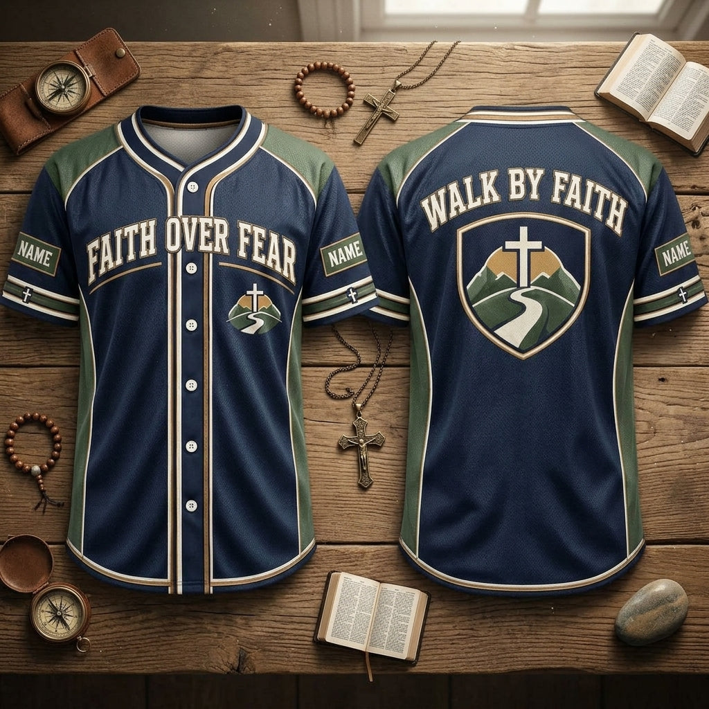 Custom Faith Over Fear Baseball Jersey - Walk By Faith Christian Apparel - mockup 2