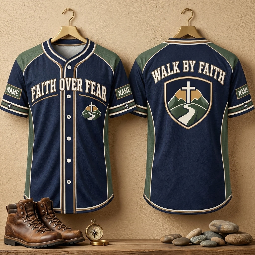 Custom Faith Over Fear Baseball Jersey - Walk By Faith Christian Apparel - mockup 3