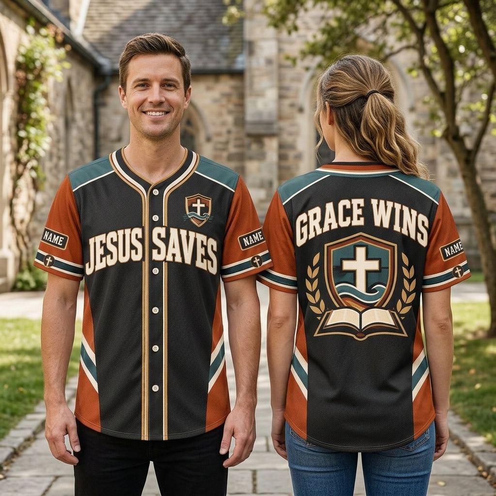 Custom Jesus Saves Baseball Jersey – Grace Wins Christian Faith Apparel - mockup 1