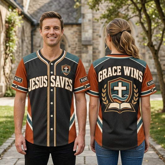 Custom Jesus Saves Baseball Jersey – Grace Wins Christian Faith Apparel - mockup 1