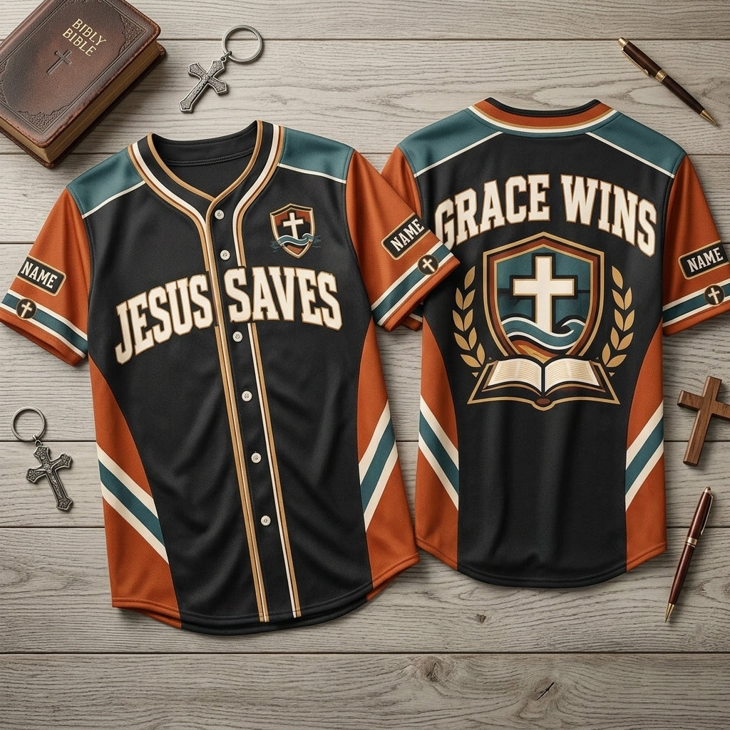Custom Jesus Saves Baseball Jersey – Grace Wins Christian Faith Apparel - mockup 2